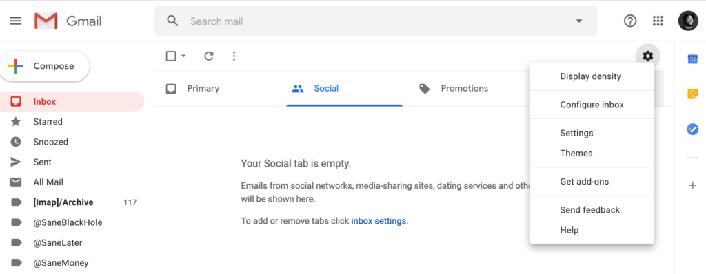 Gmail Settings: Cog with the Settings Area