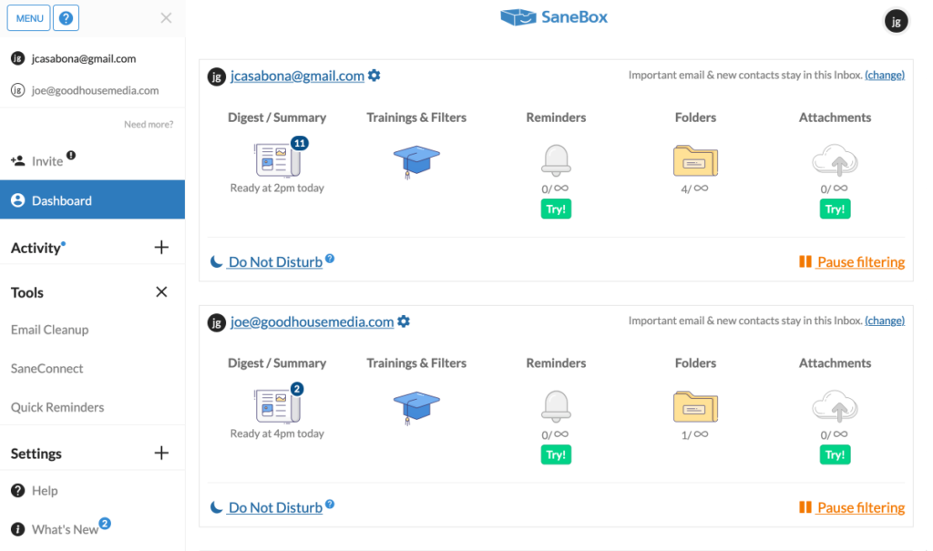SaneBox Dashboard