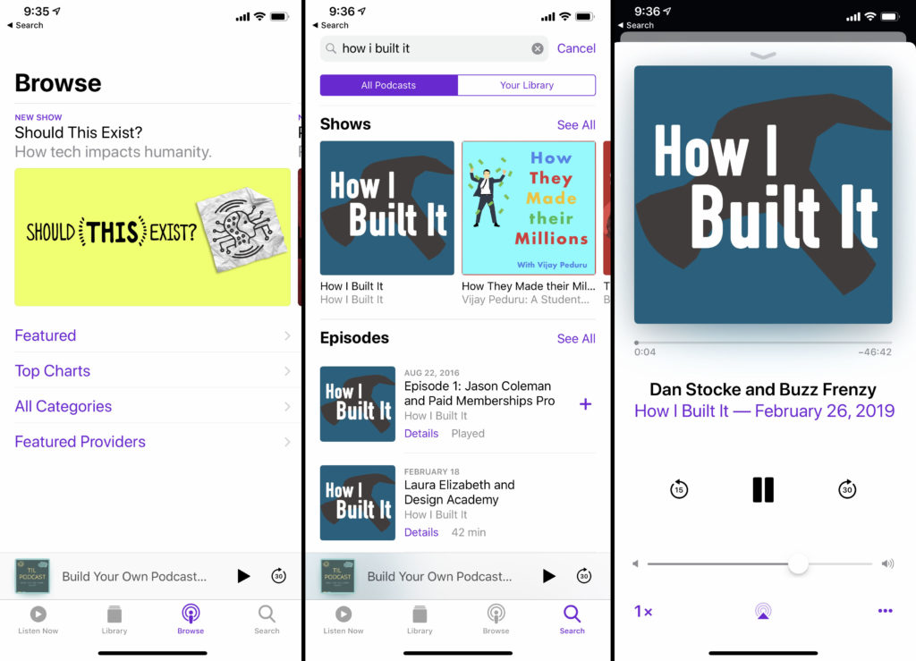 Apple Podcasts Browse, Search, and Listen screens