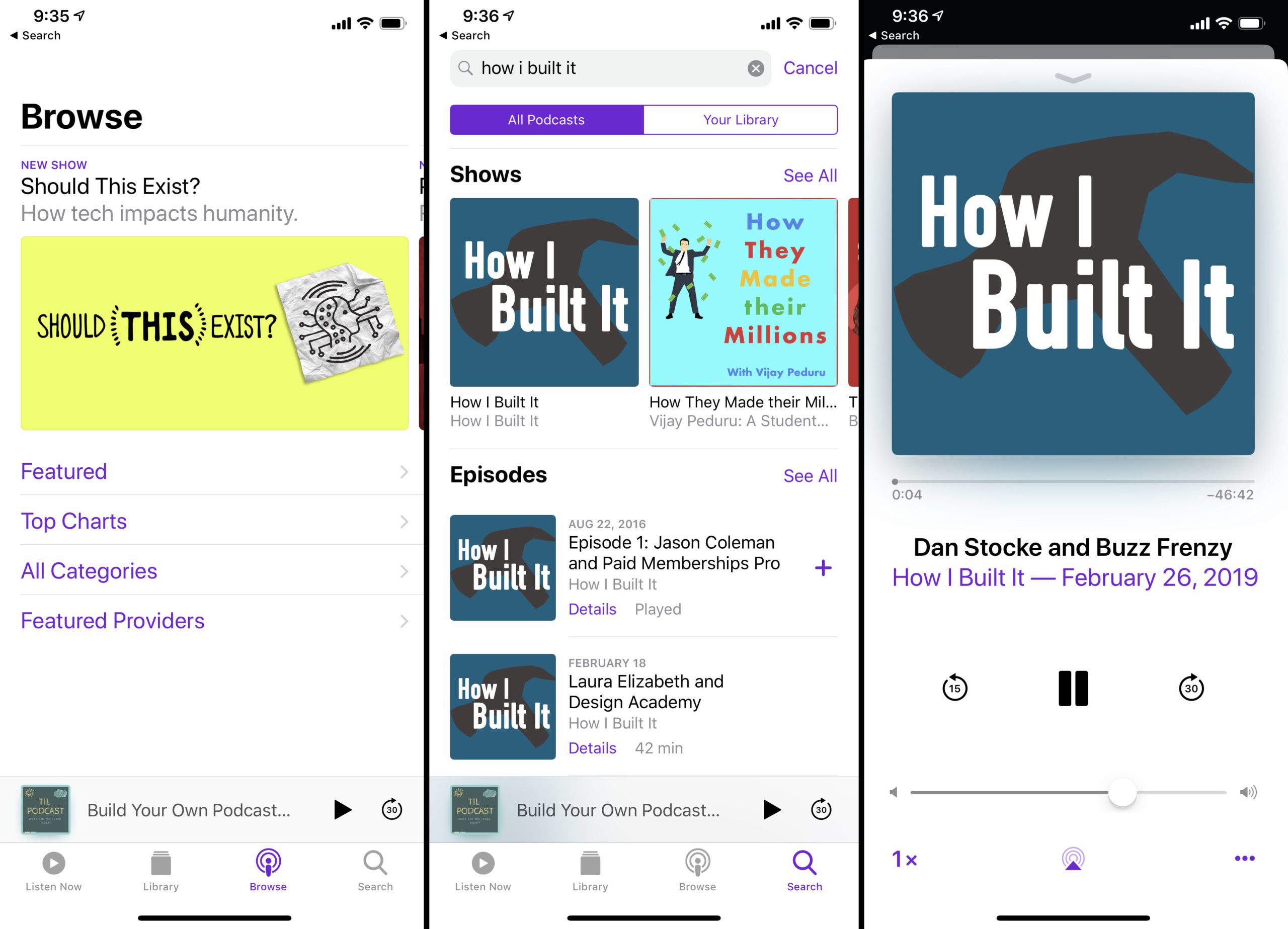 Apple Podcasts Browse, Search, and Listen screens